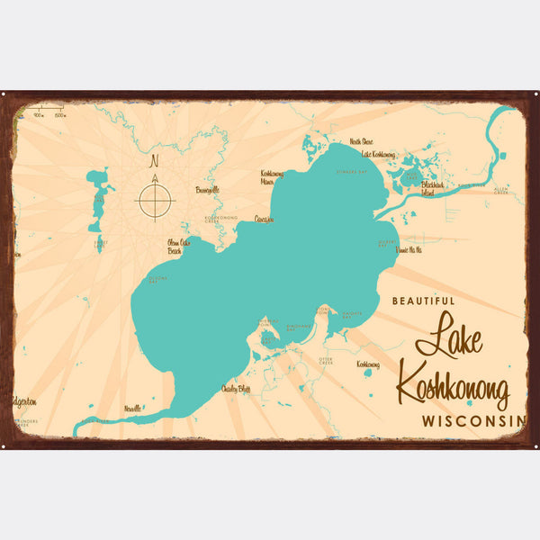Lake Koshkonong Wisconsin, Rustic Metal Sign Map Art