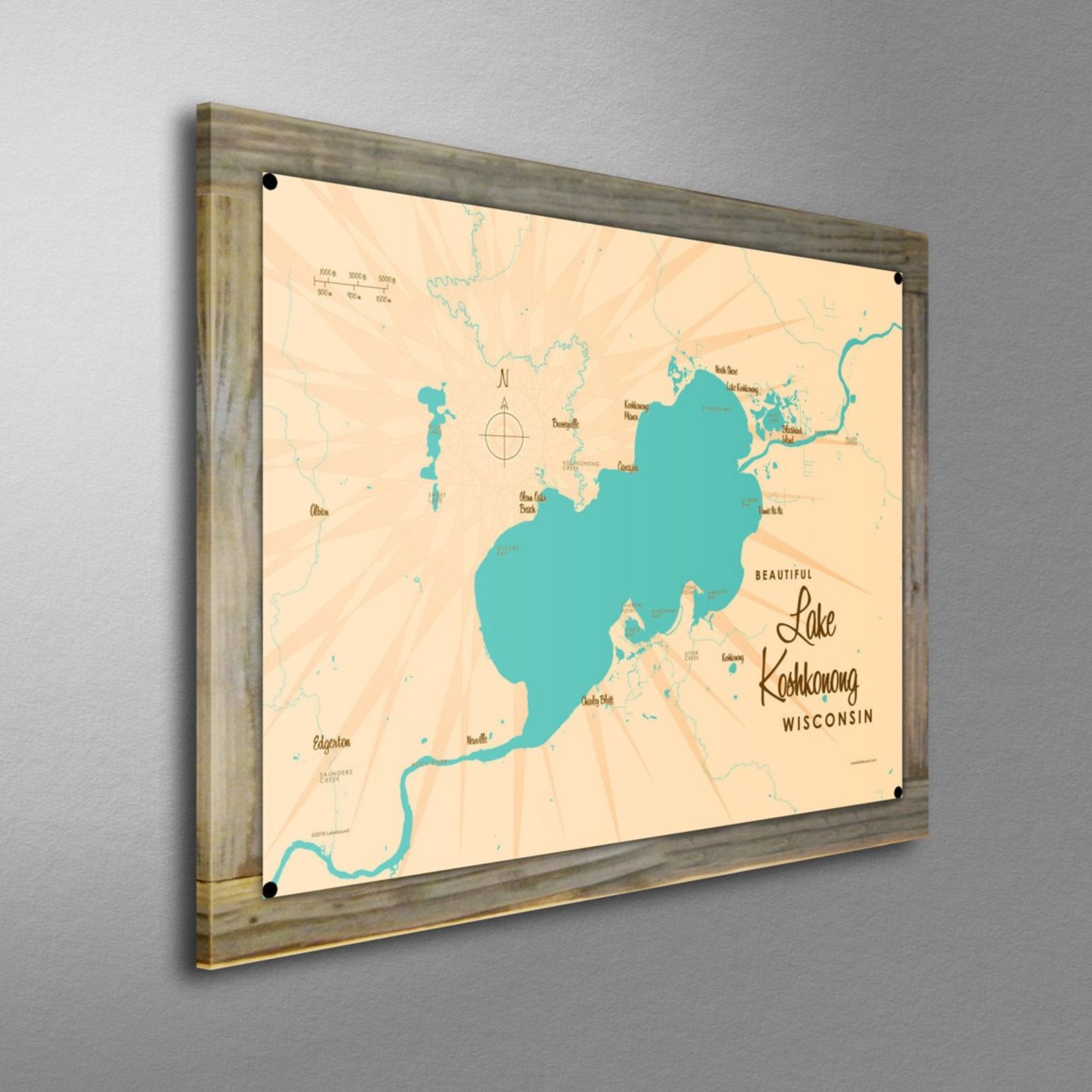 Lake Koshkonong Wisconsin, Wood-Mounted Metal Sign Map Art