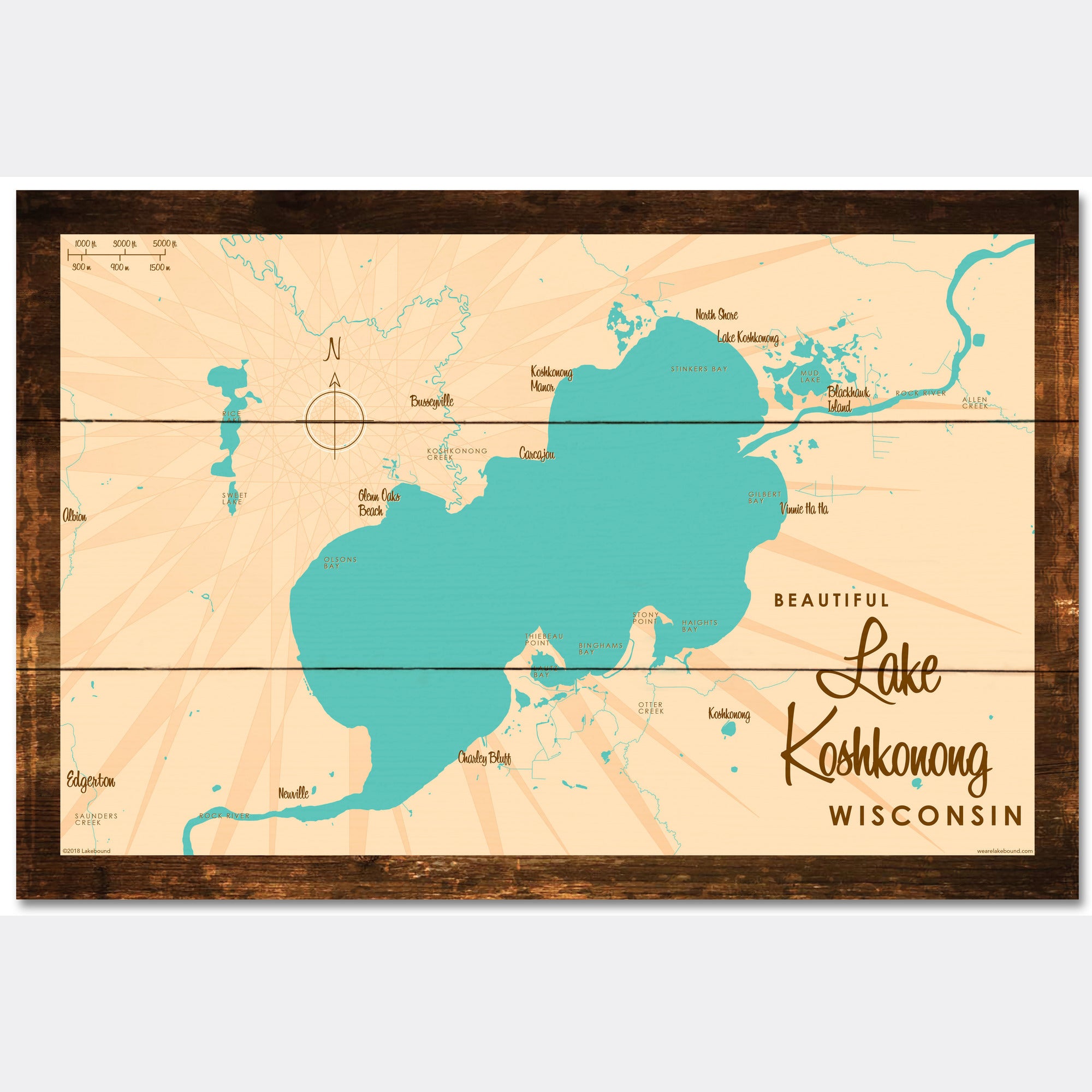 Lake Koshkonong Wisconsin, Rustic Wood Sign Map Art
