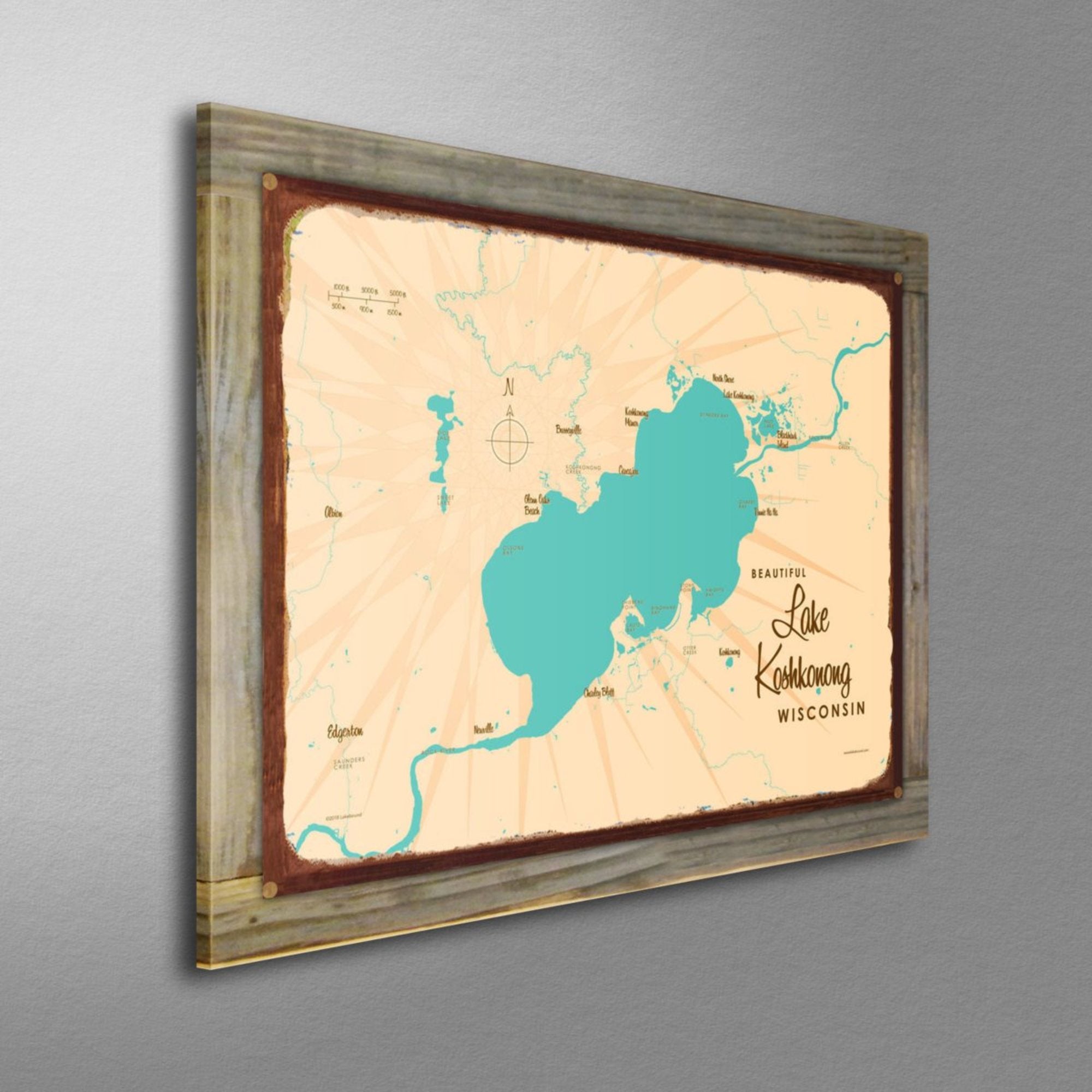 Lake Koshkonong Wisconsin, Wood-Mounted Rustic Metal Sign Map Art