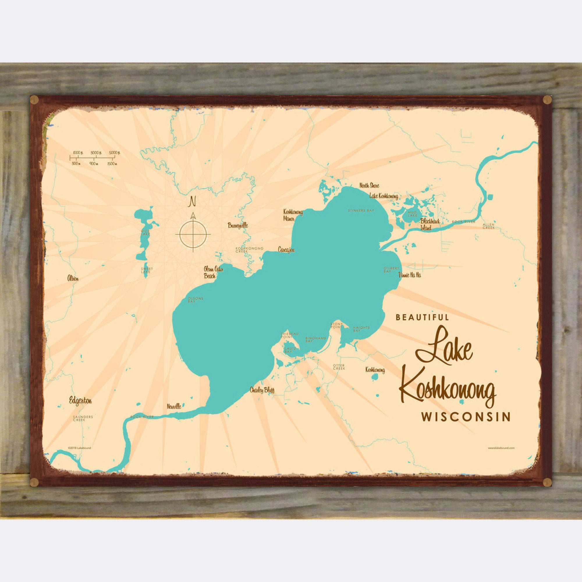 Lake Koshkonong Wisconsin, Wood-Mounted Rustic Metal Sign Map Art