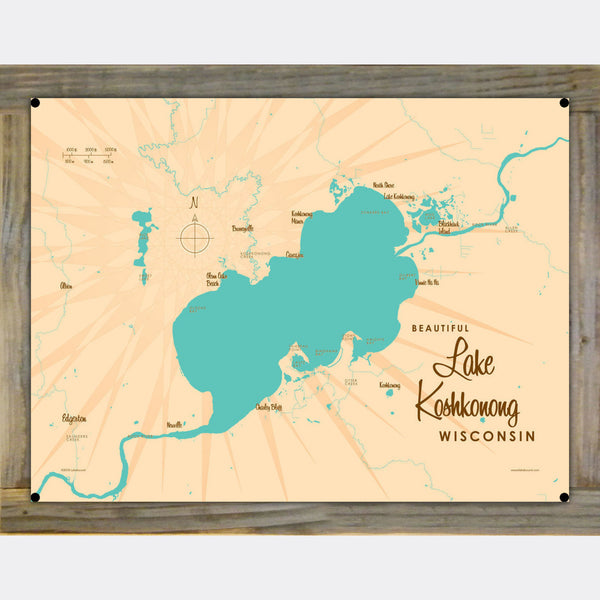 Lake Koshkonong Wisconsin, Wood-Mounted Metal Sign Map Art