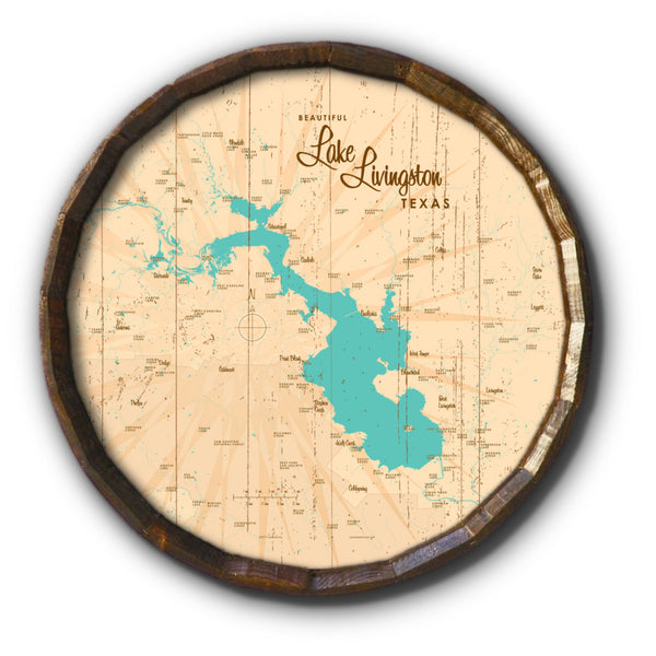 Lake Livingston Texas, Rustic Barrel End Map Art