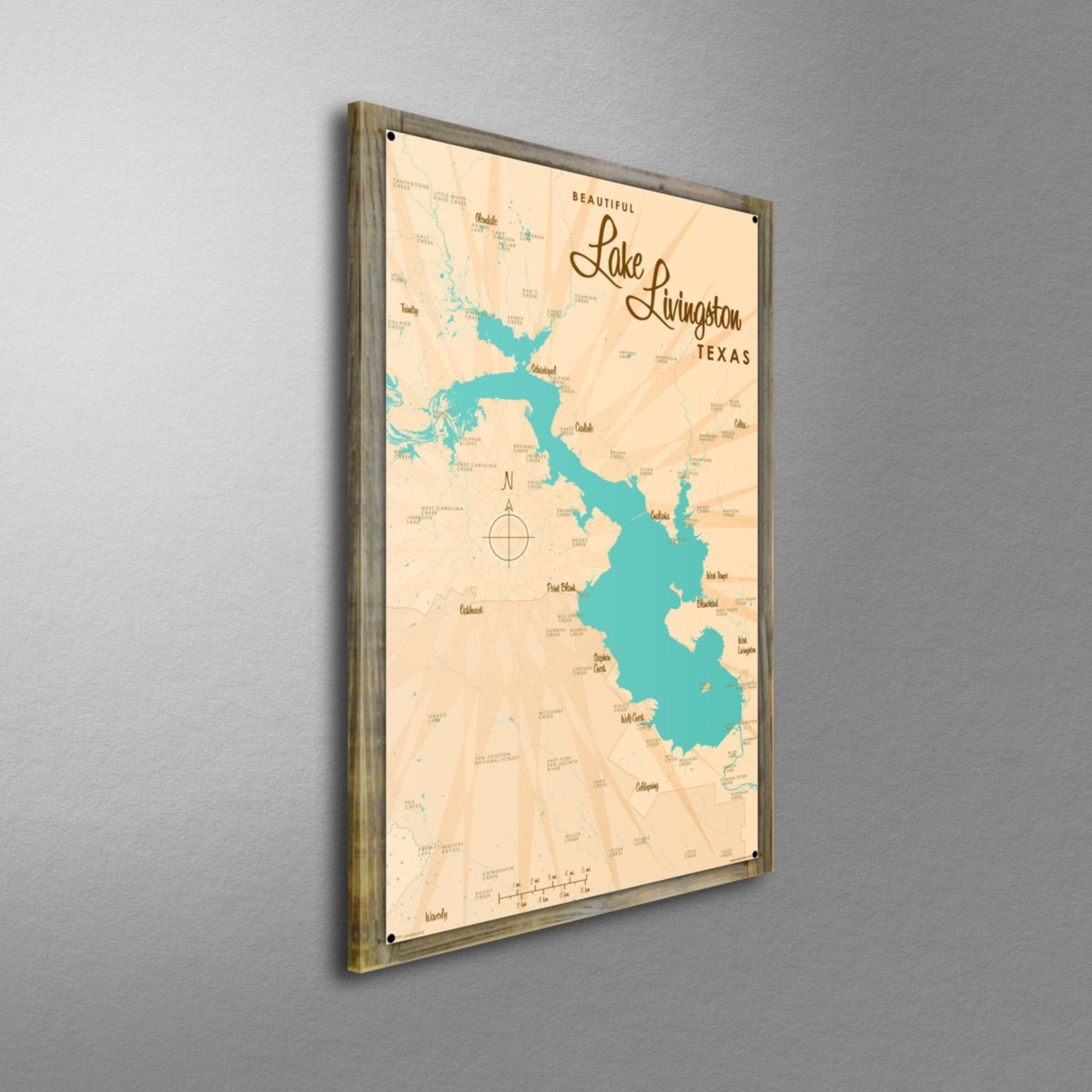 Lake Livingston Texas, Wood-Mounted Metal Sign Map Art