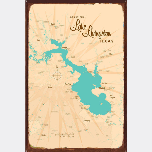 Lake Livingston Texas, Rustic Metal Sign Map Art