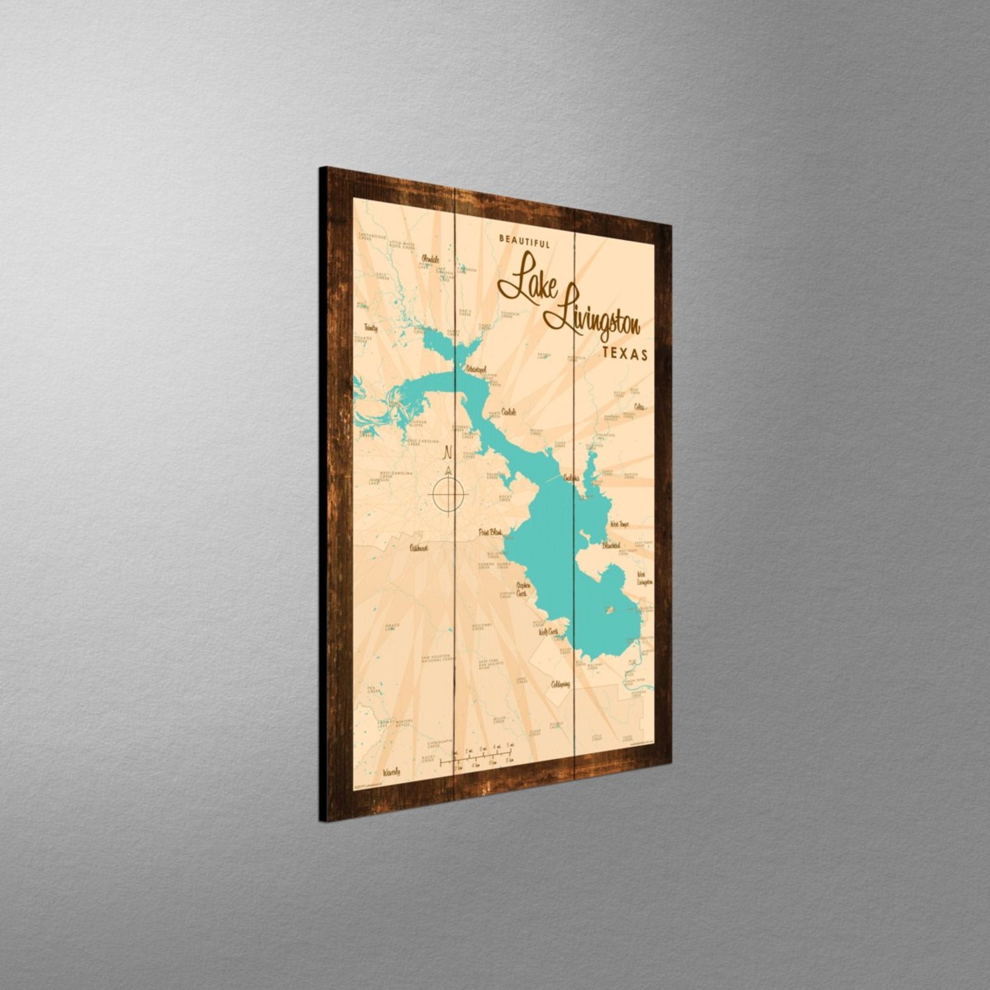 Lake Livingston Texas, Rustic Wood Sign Map Art