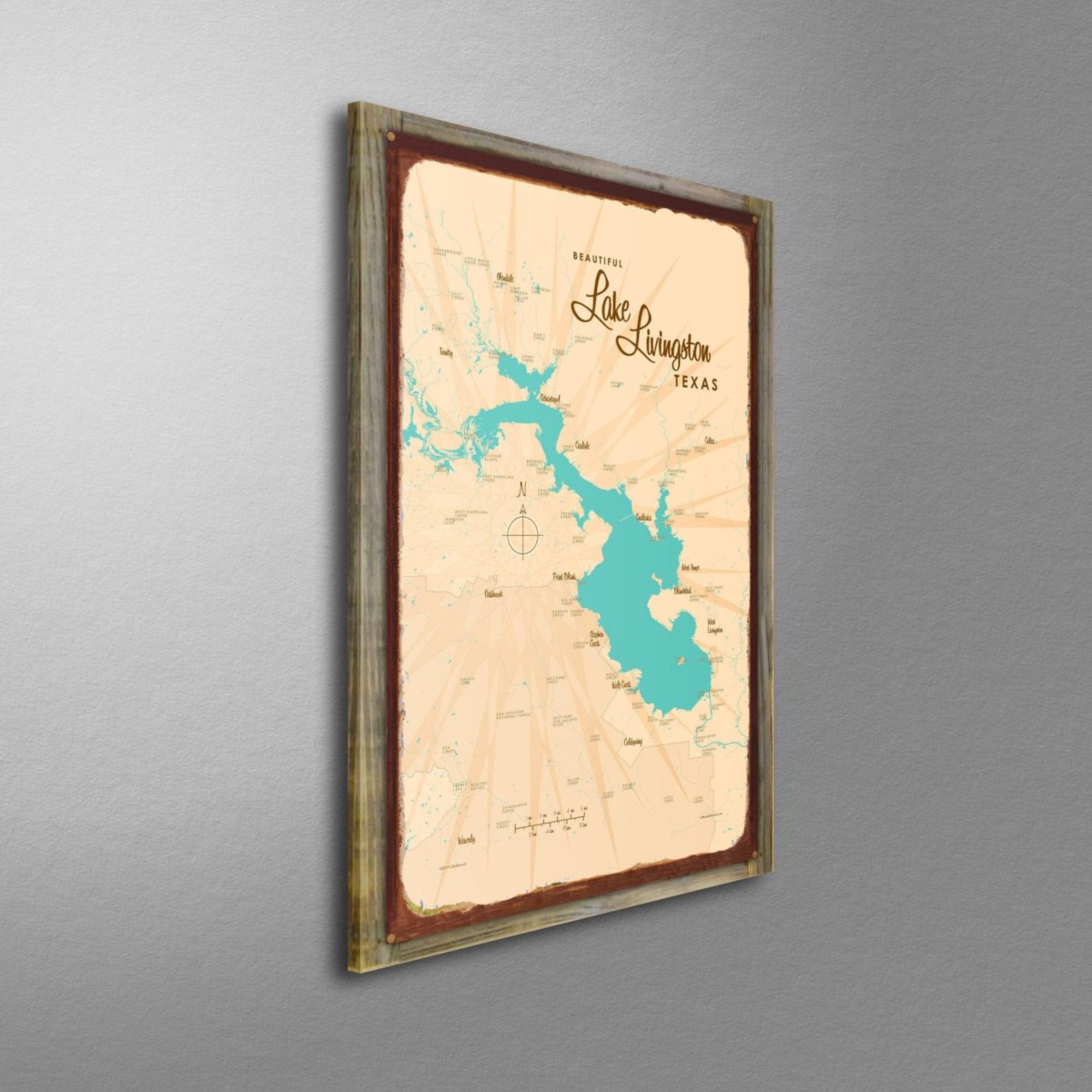 Lake Livingston Texas, Wood-Mounted Rustic Metal Sign Map Art