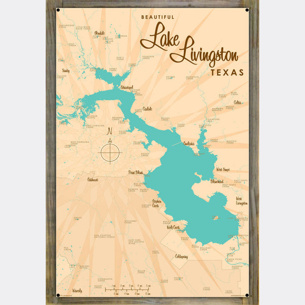 Lake Livingston Texas, Wood-Mounted Metal Sign Map Art
