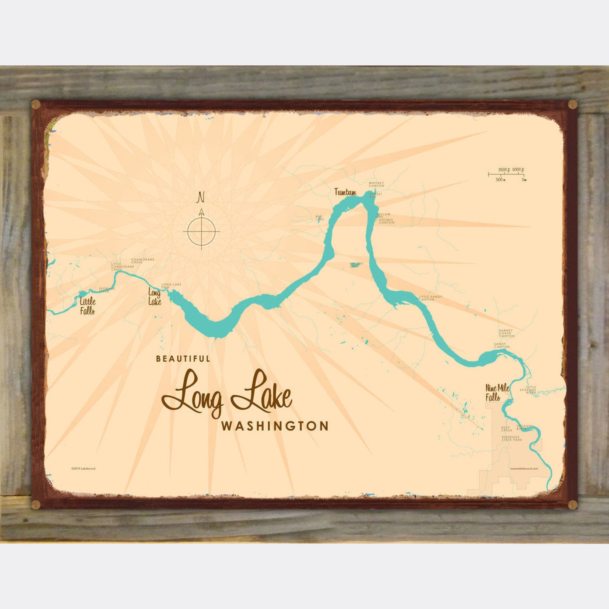 Long Lake Washington, Wood-Mounted Rustic Metal Sign Map Art