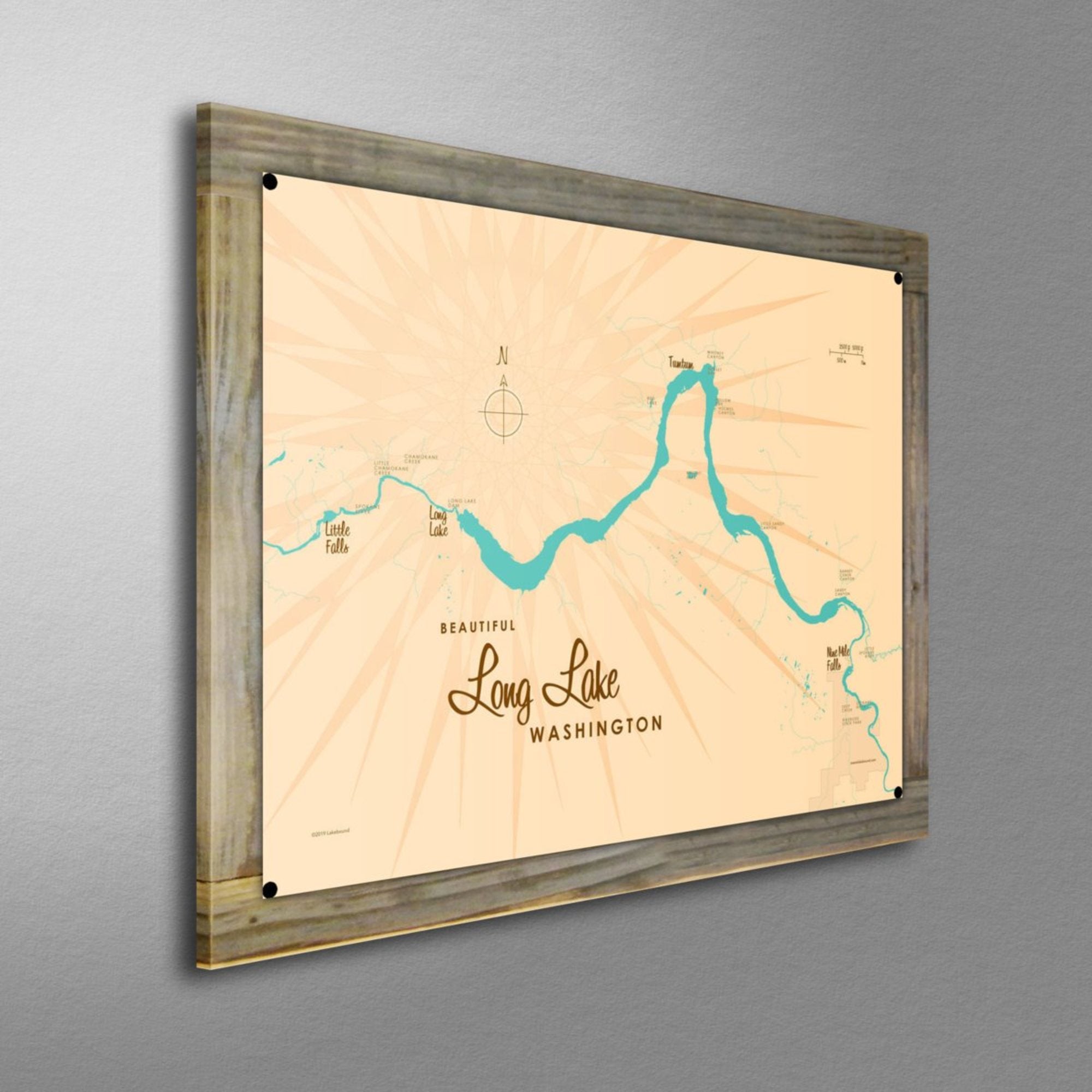 Long Lake Washington, Wood-Mounted Metal Sign Map Art
