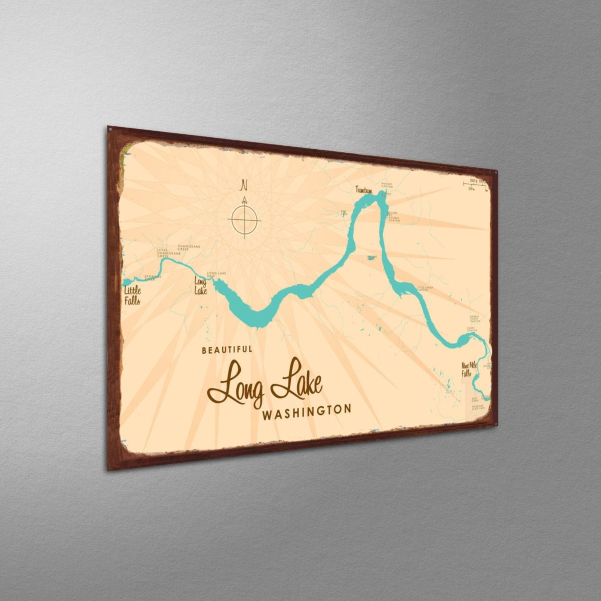 Long Lake Washington, Rustic Metal Sign Map Art