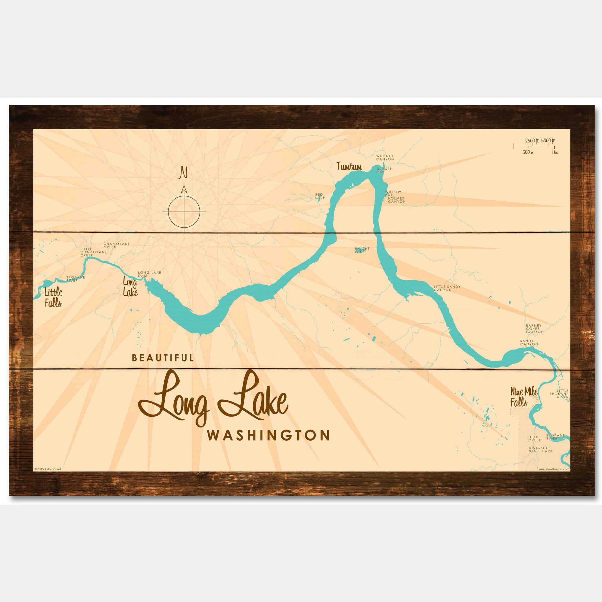 Long Lake Washington, Rustic Wood Sign Map Art