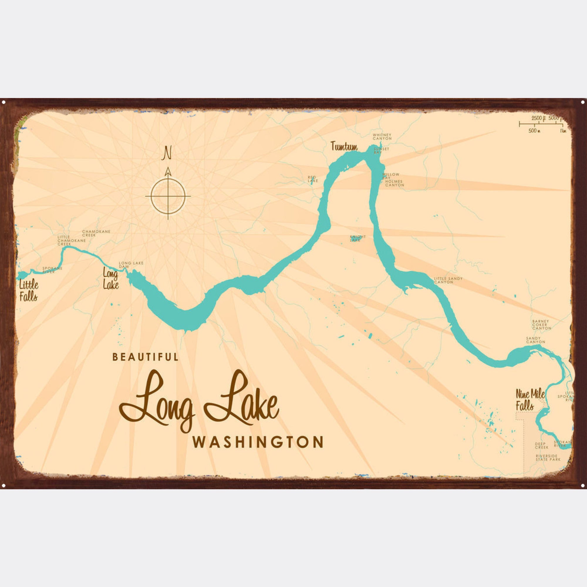 Long Lake Washington, Rustic Metal Sign Map Art