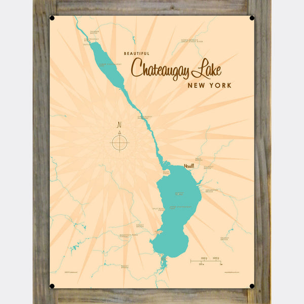 Chateaugay Lake New York, Wood-Mounted Metal Sign Map Art