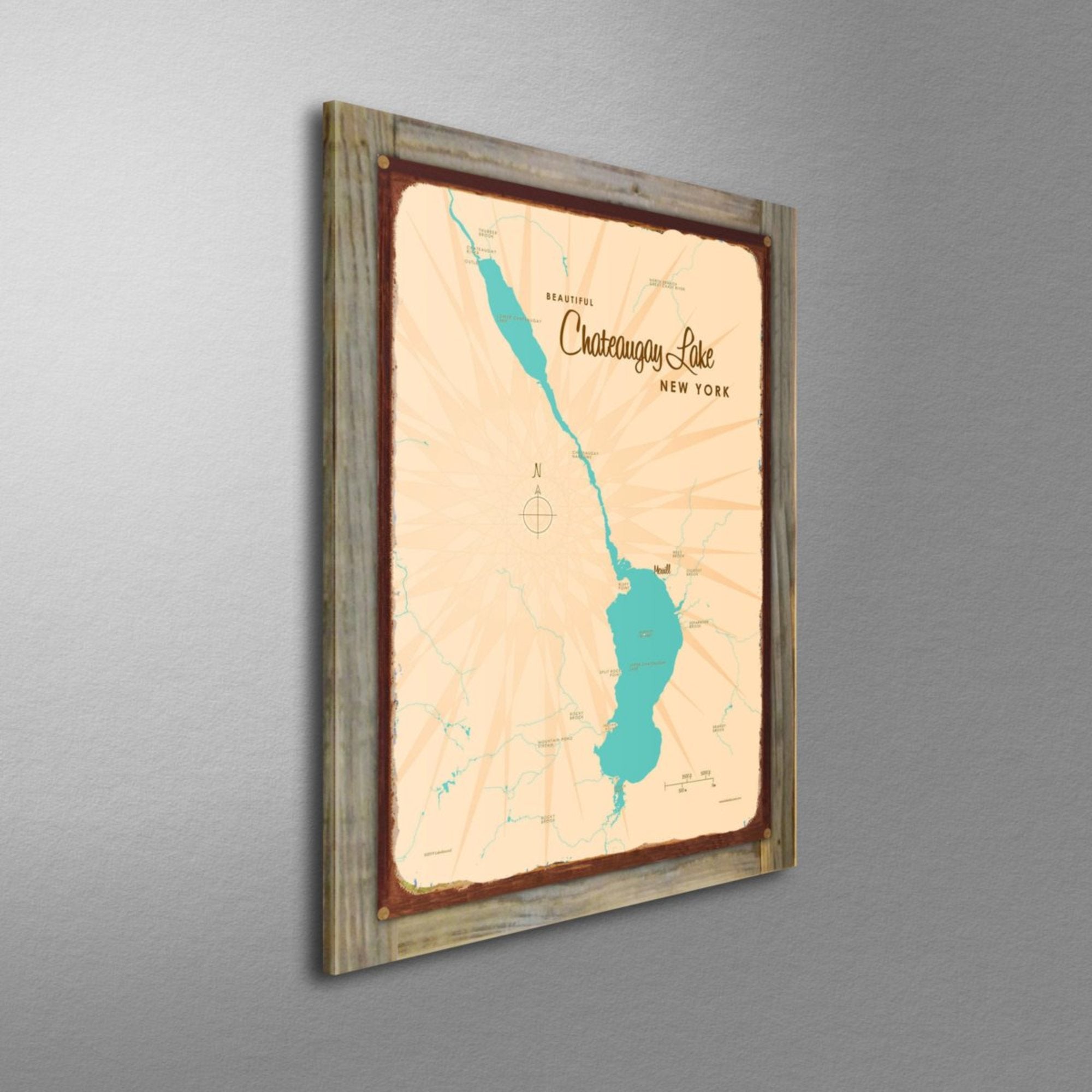 Chateaugay Lake New York, Wood-Mounted Rustic Metal Sign Map Art