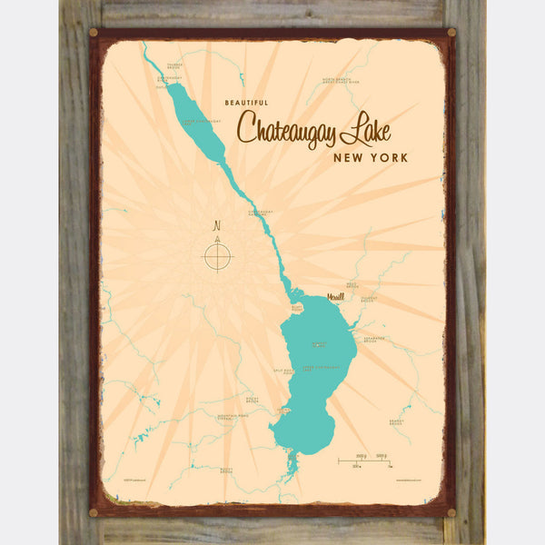 Chateaugay Lake New York, Wood-Mounted Rustic Metal Sign Map Art