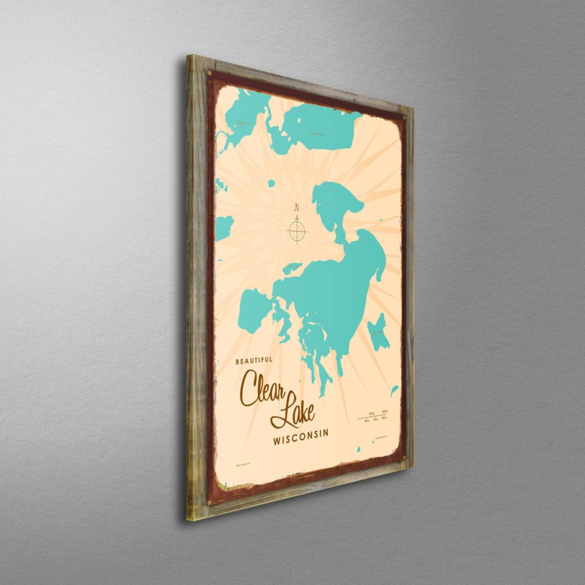 Clear Lake Wisconsin, Wood-Mounted Rustic Metal Sign Map Art