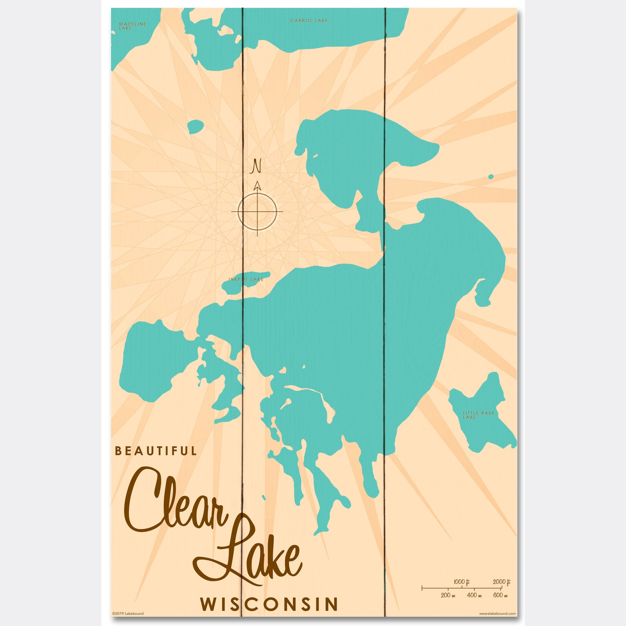 Clear Lake Wisconsin, Wood Sign Map Art