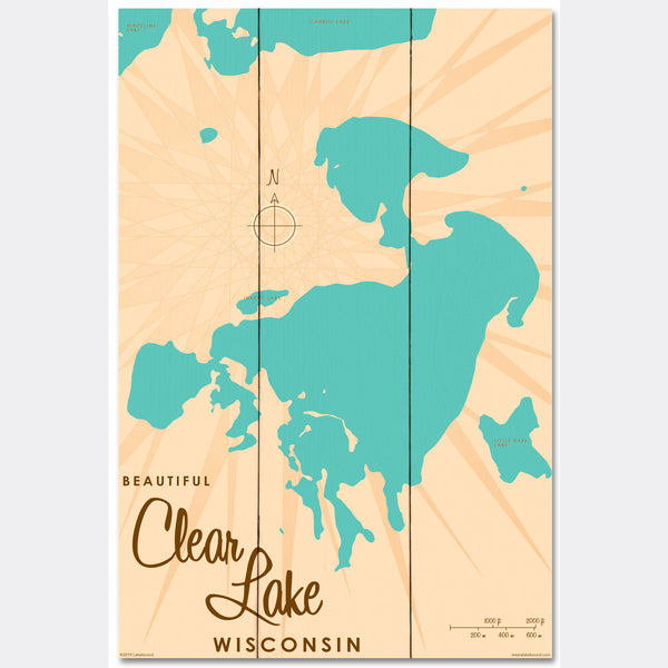 Clear Lake Wisconsin, Wood Sign Map Art