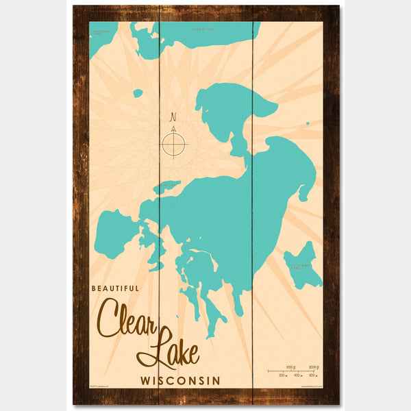 Clear Lake Wisconsin, Rustic Wood Sign Map Art