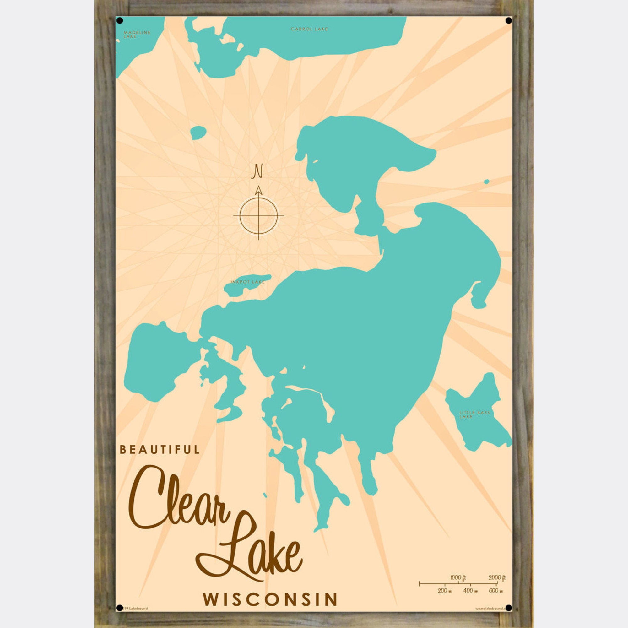 Clear Lake Wisconsin, Wood-Mounted Metal Sign Map Art