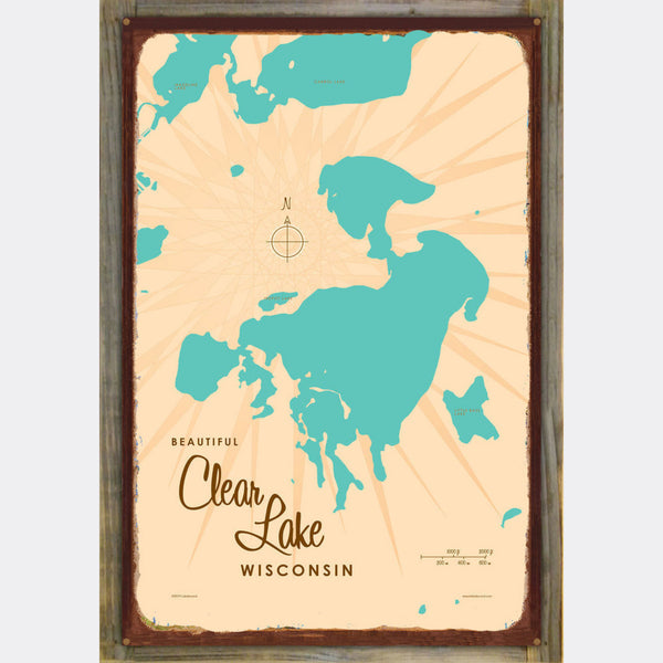 Clear Lake Wisconsin, Wood-Mounted Rustic Metal Sign Map Art