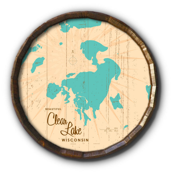 Clear Lake Wisconsin, Rustic Barrel End Map Art