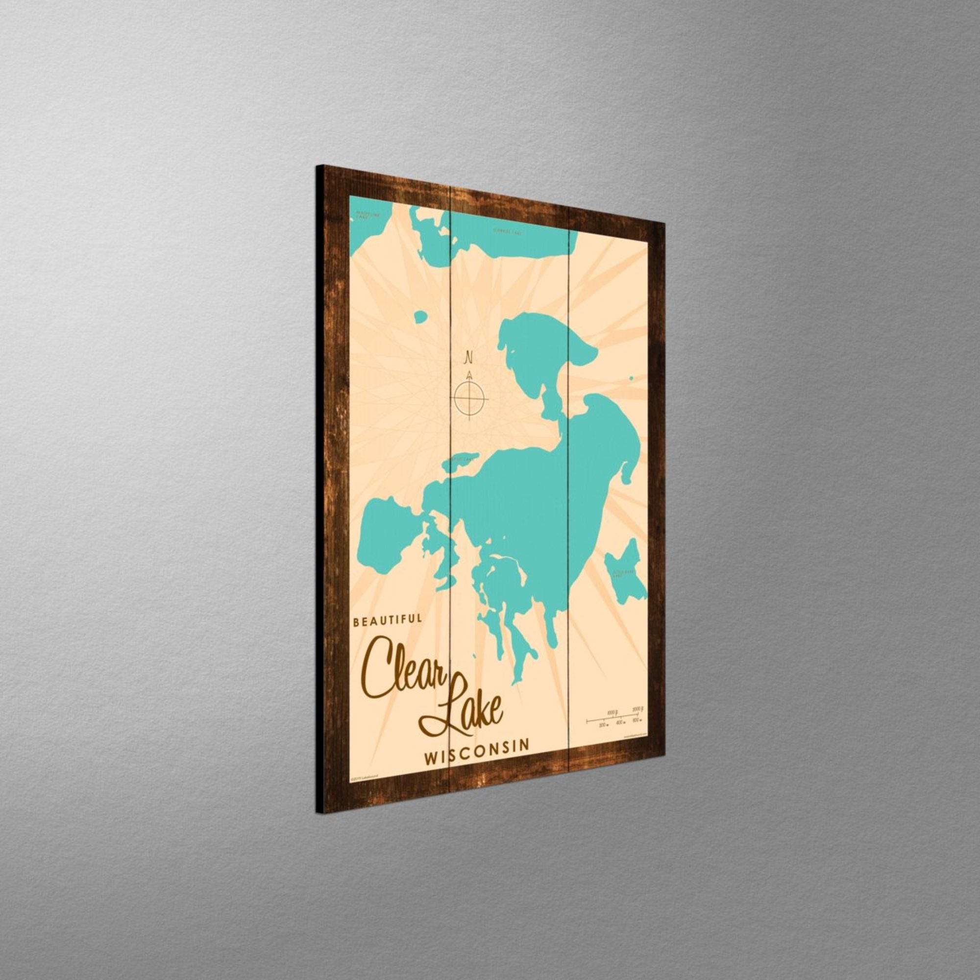 Clear Lake Wisconsin, Rustic Wood Sign Map Art