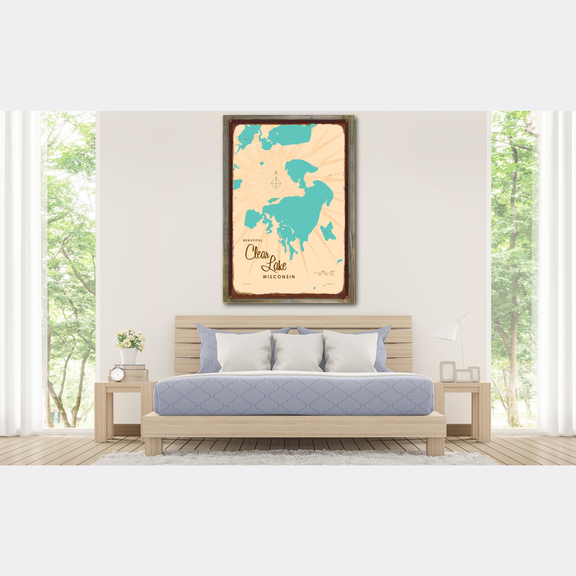 Clear Lake Wisconsin, Wood-Mounted Rustic Metal Sign Map Art