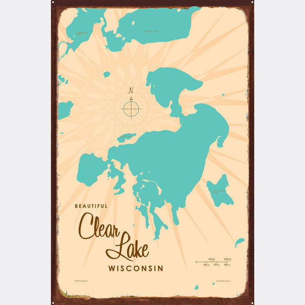 Clear Lake Wisconsin, Rustic Metal Sign Map Art
