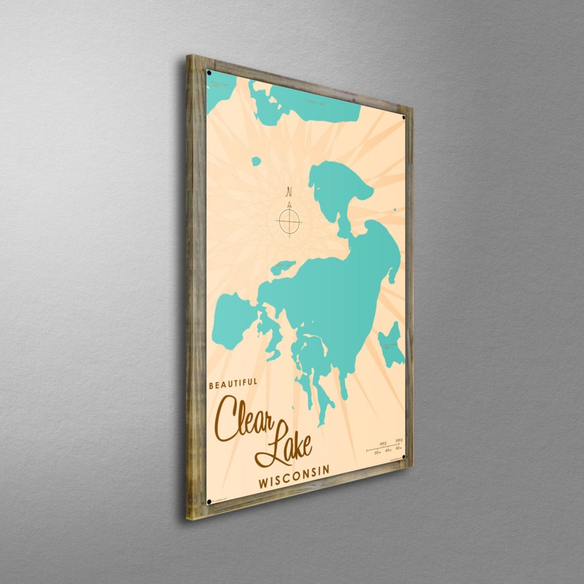Clear Lake Wisconsin, Wood-Mounted Metal Sign Map Art