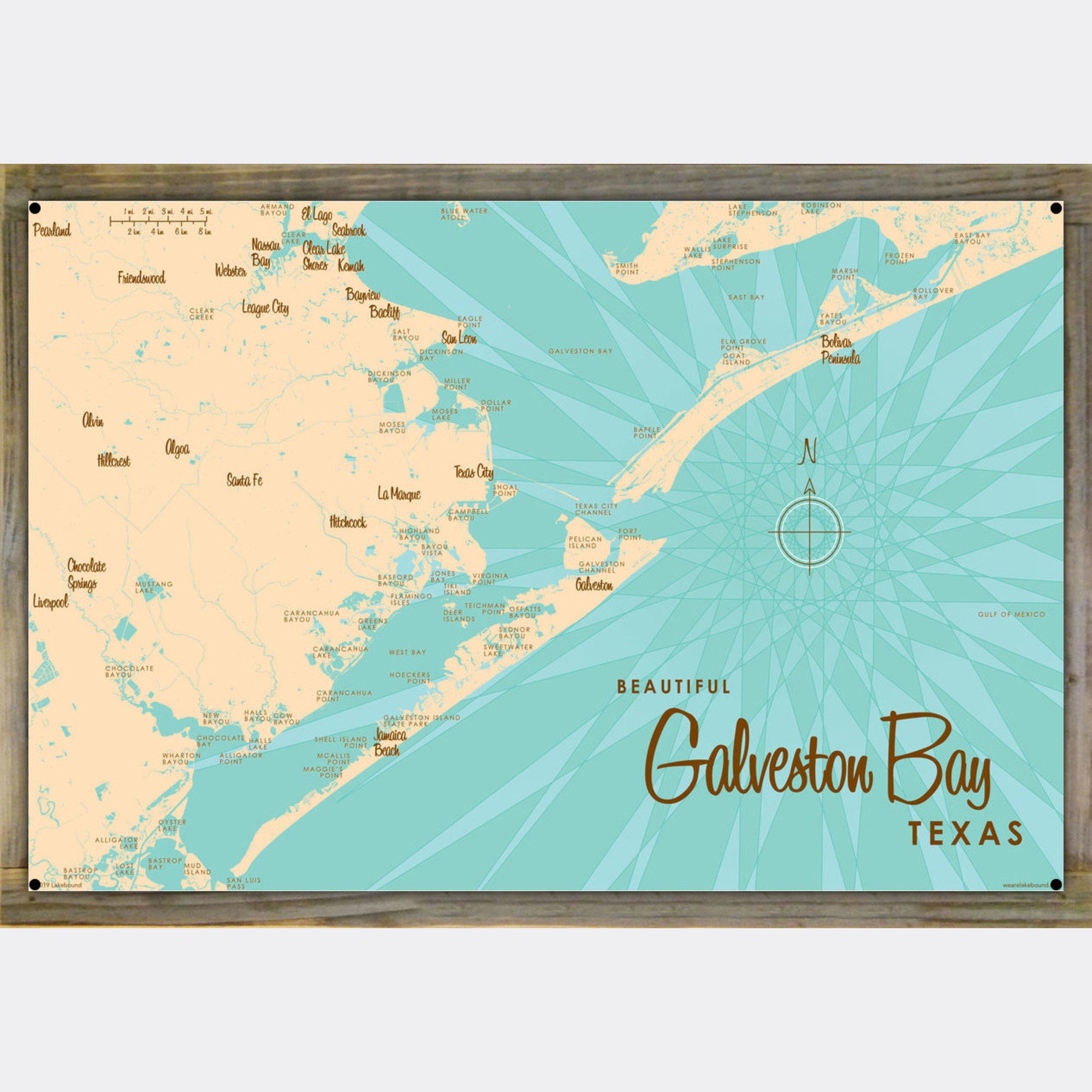 Galveston Bay Texas, Wood-Mounted Metal Sign Map Art