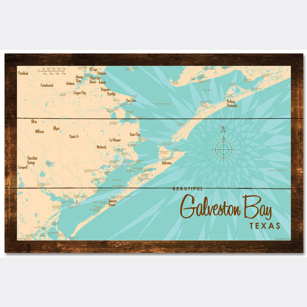 Galveston Bay Texas, Rustic Wood Sign Map Art