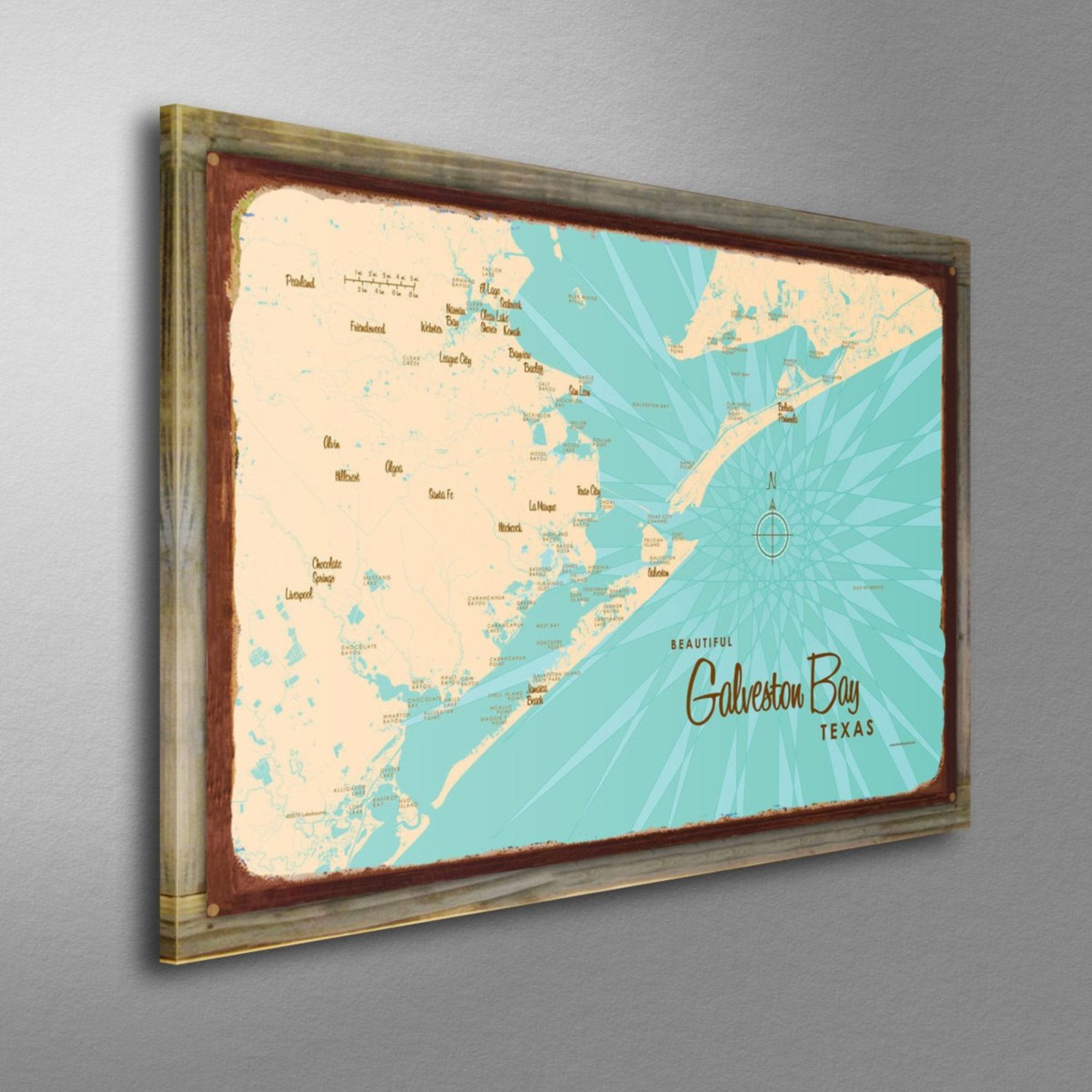 Galveston Bay Texas, Wood-Mounted Rustic Metal Sign Map Art