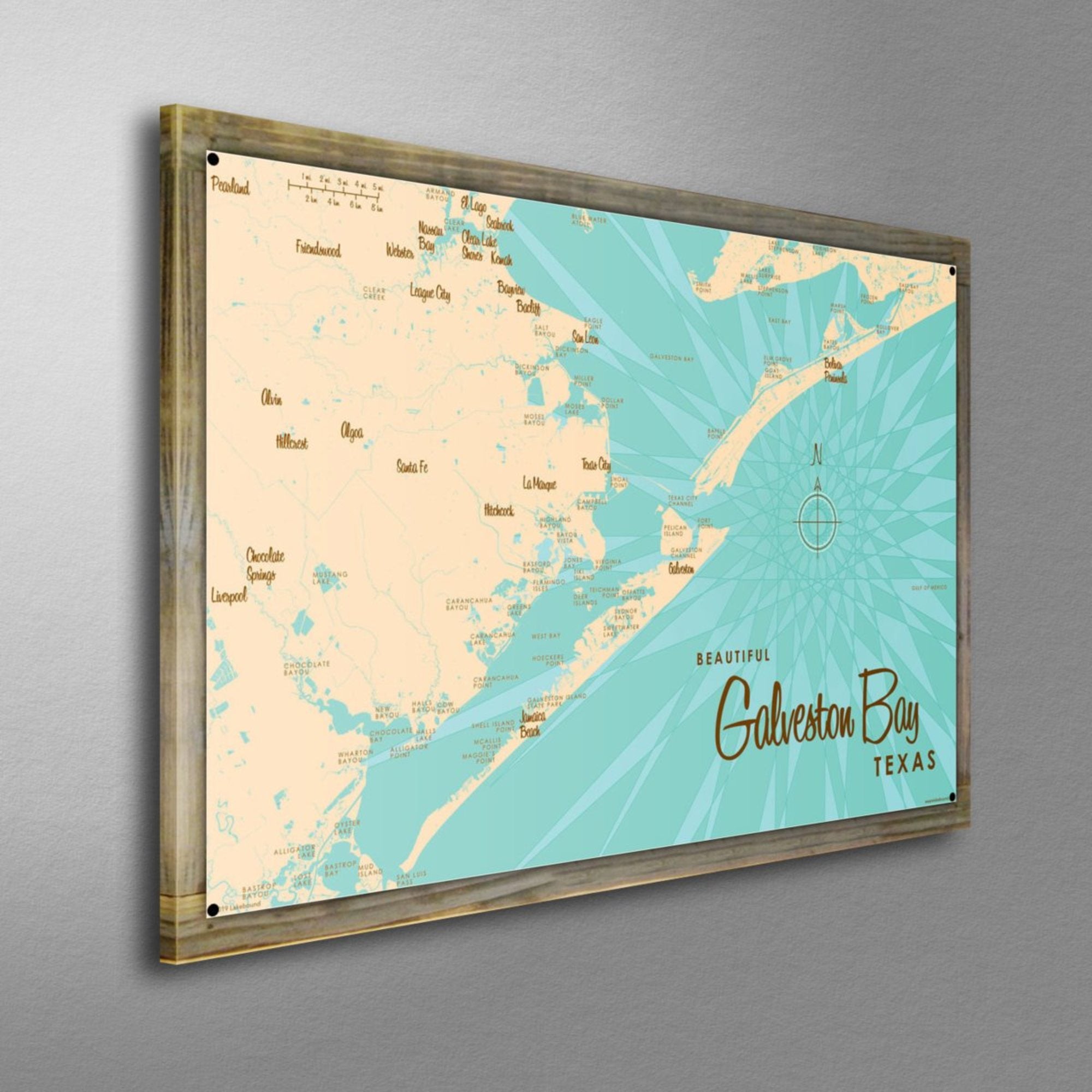Galveston Bay Texas, Wood-Mounted Metal Sign Map Art