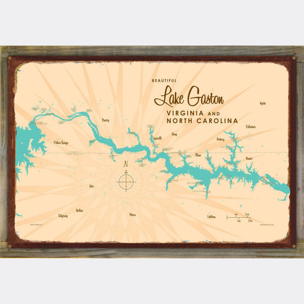 Lake Gaston Virginia North Carolina, Wood-Mounted Rustic Metal Sign Map Art