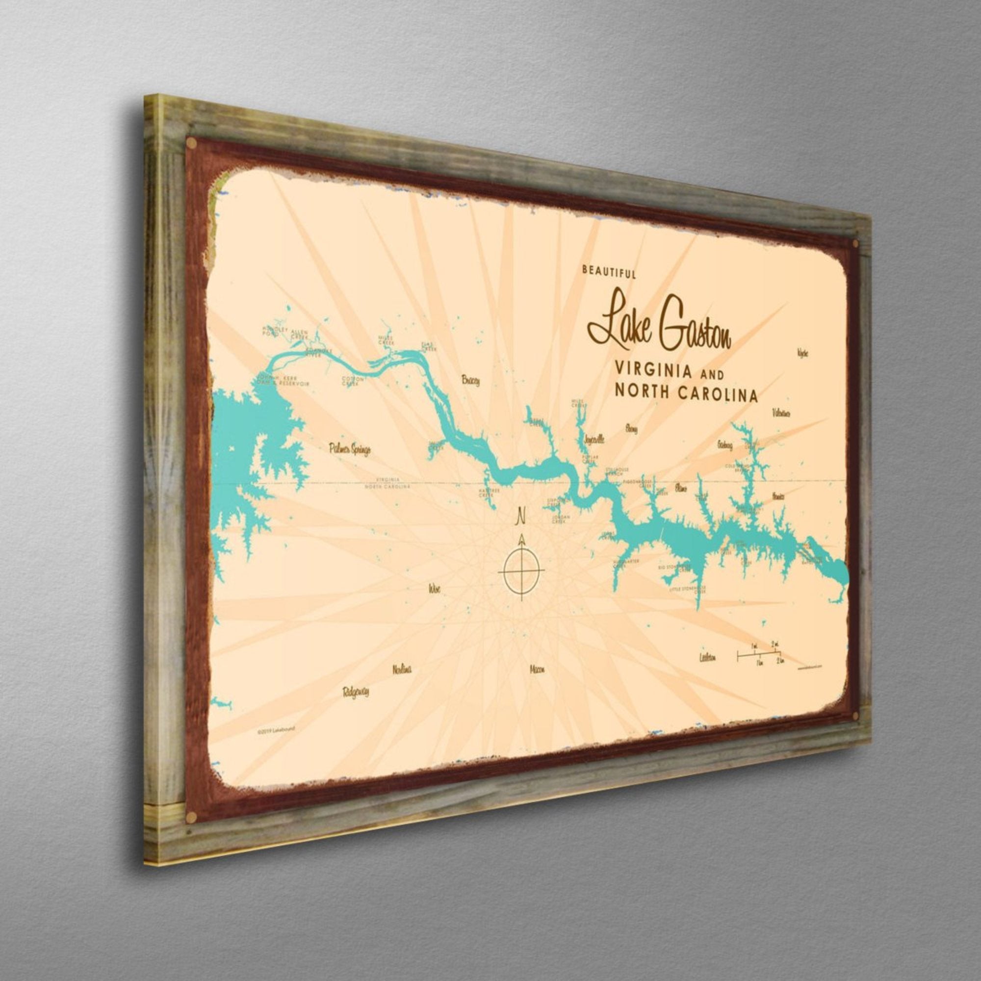 Lake Gaston Virginia North Carolina, Wood-Mounted Rustic Metal Sign Map Art