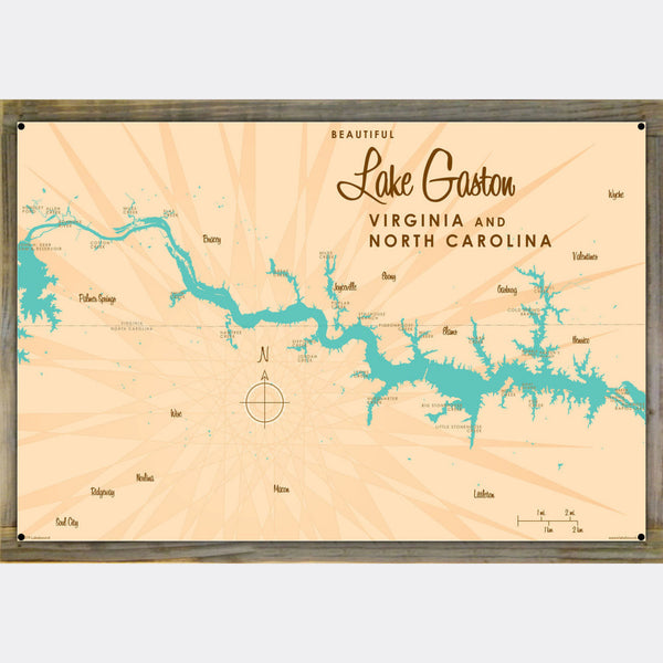 Lake Gaston Virginia North Carolina, Wood-Mounted Metal Sign Map Art