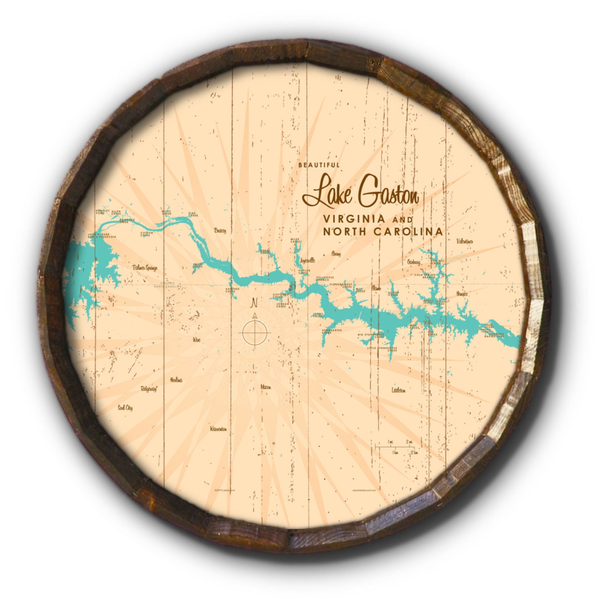 Lake Gaston VA North Carolina, Rustic Barrel End Map Art