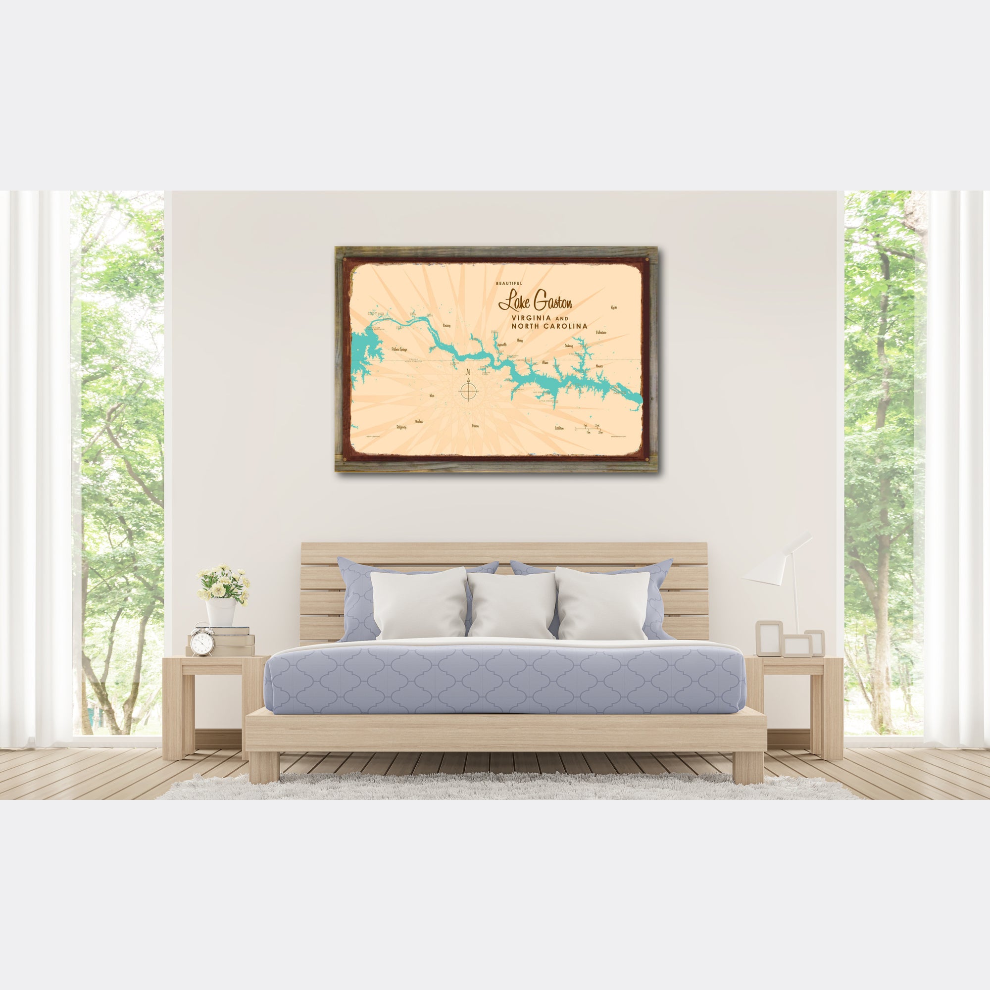 Lake Gaston Virginia North Carolina, Wood-Mounted Rustic Metal Sign Map Art