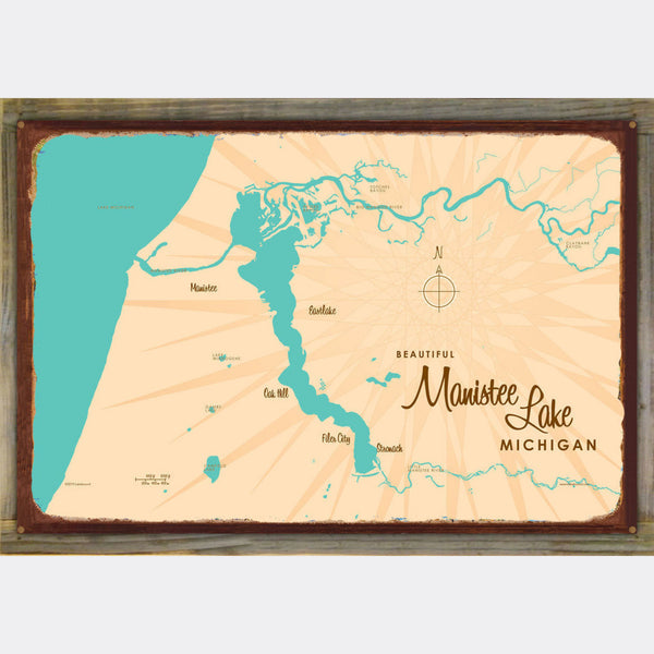 Manistee Lake Michigan, Wood-Mounted Rustic Metal Sign Map Art