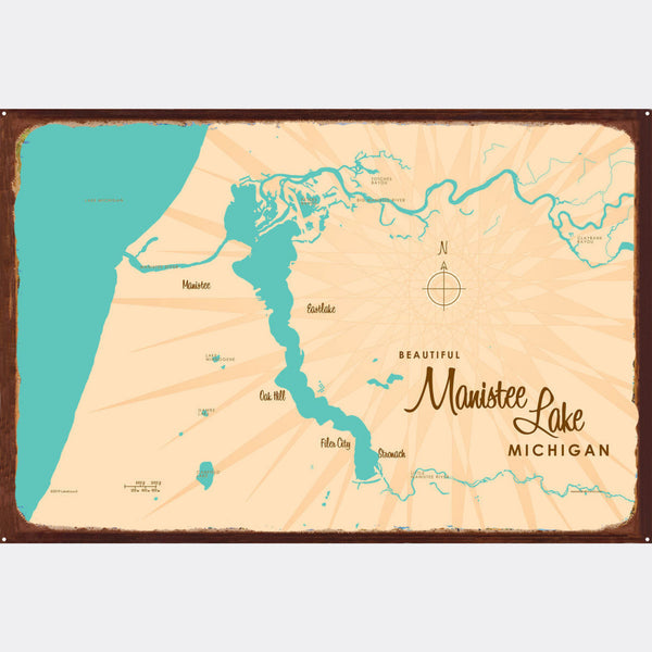 Manistee Lake Michigan, Rustic Metal Sign Map Art