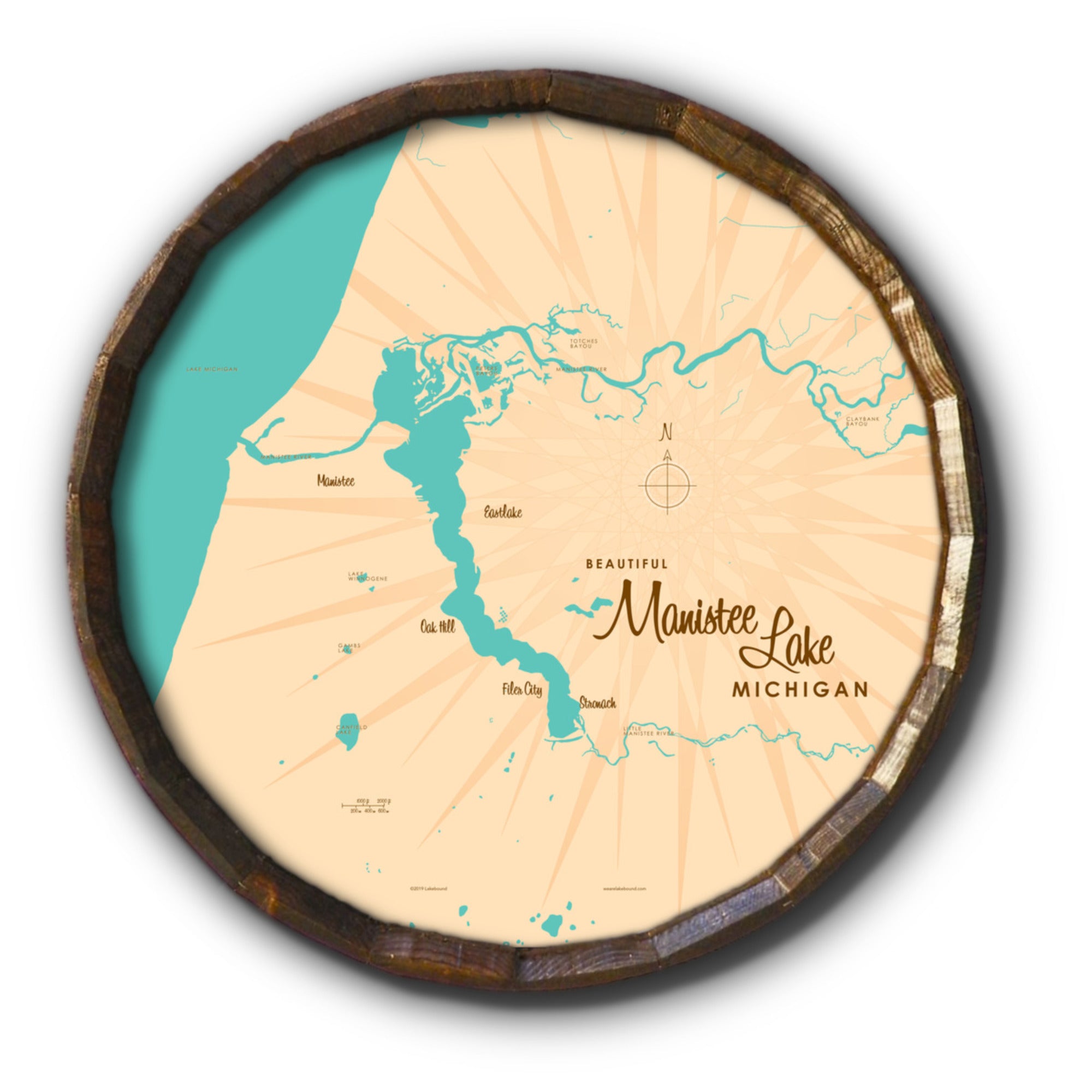 Manistee Lake Michigan, Barrel End Map Art