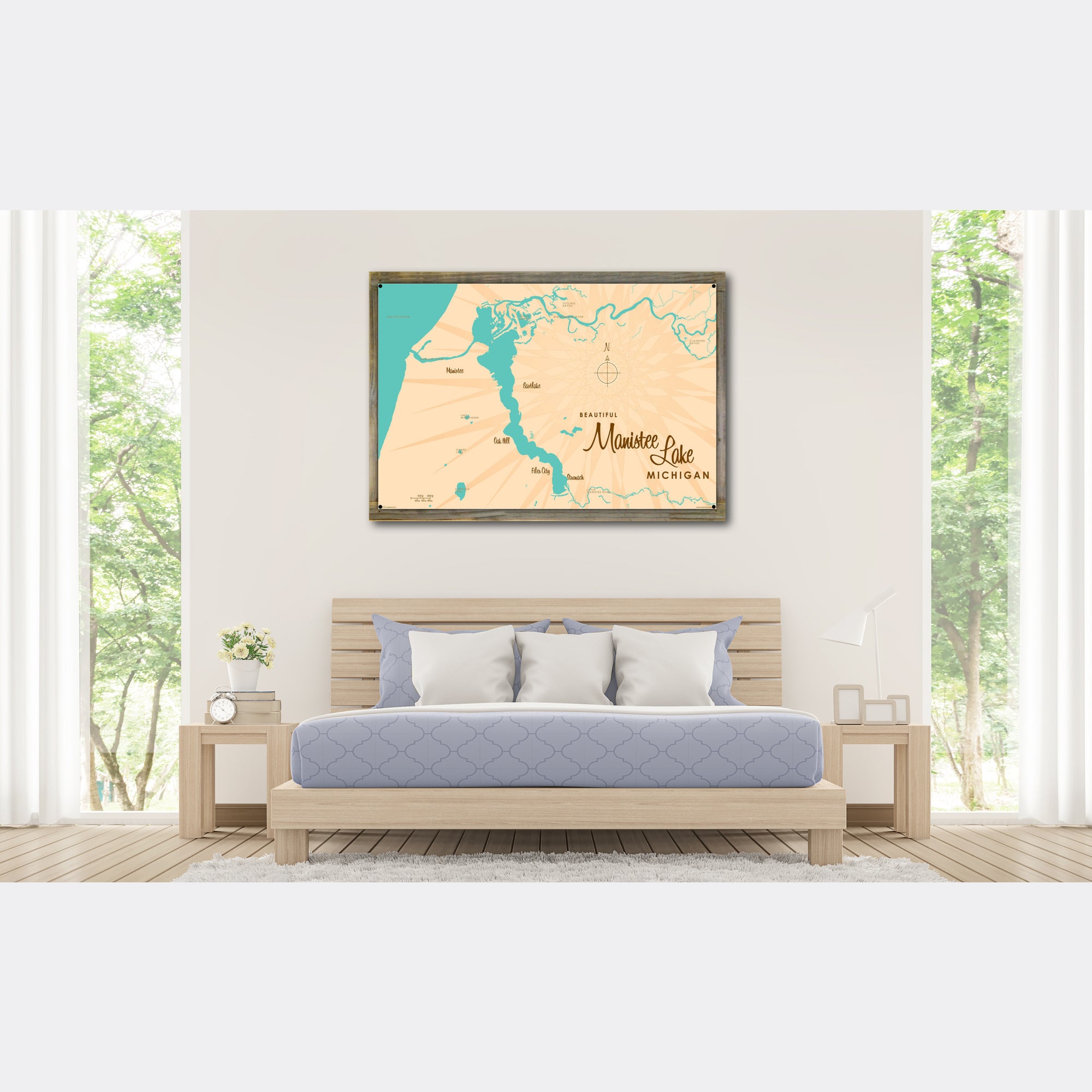 Manistee Lake Michigan, Wood-Mounted Metal Sign Map Art