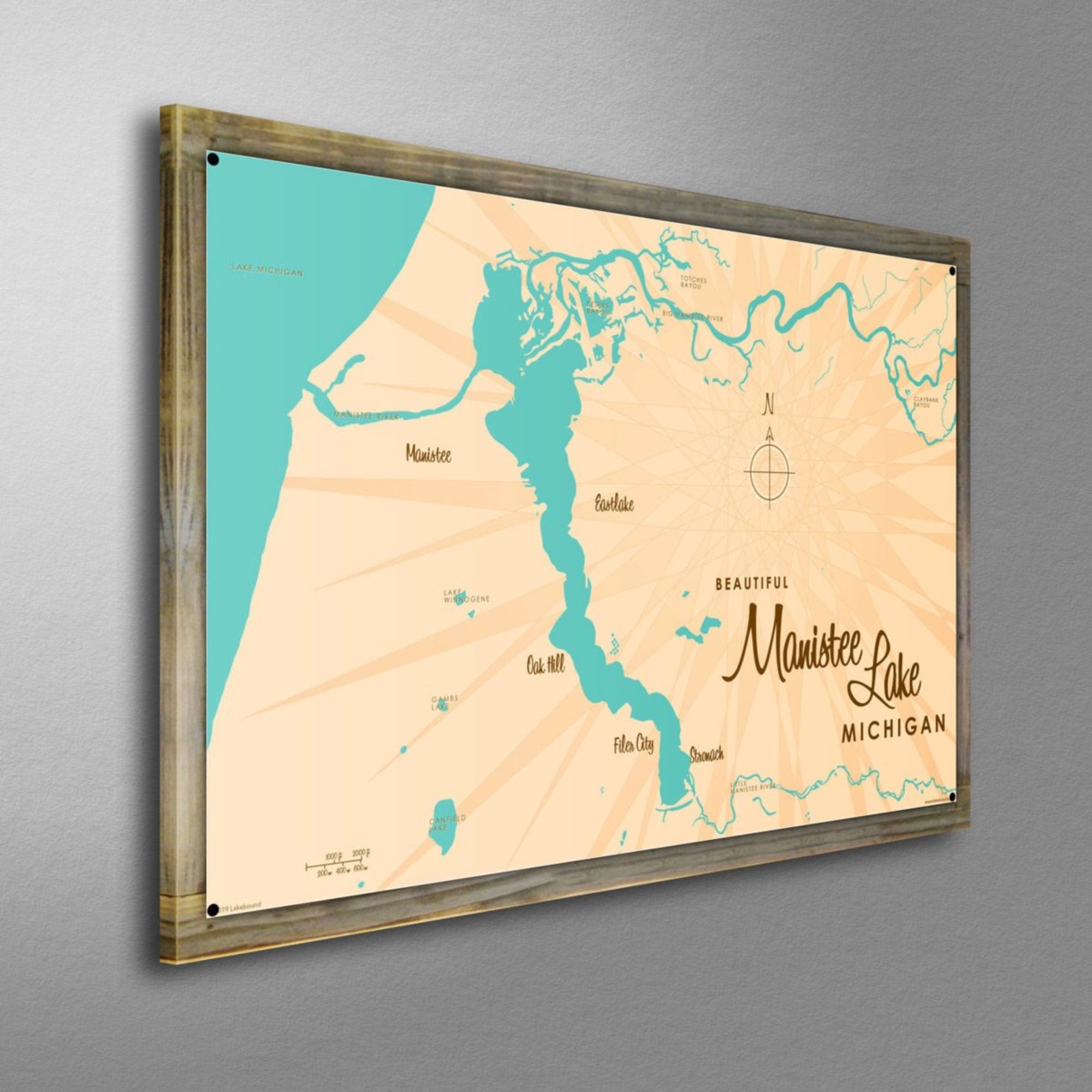 Manistee Lake Michigan, Wood-Mounted Metal Sign Map Art