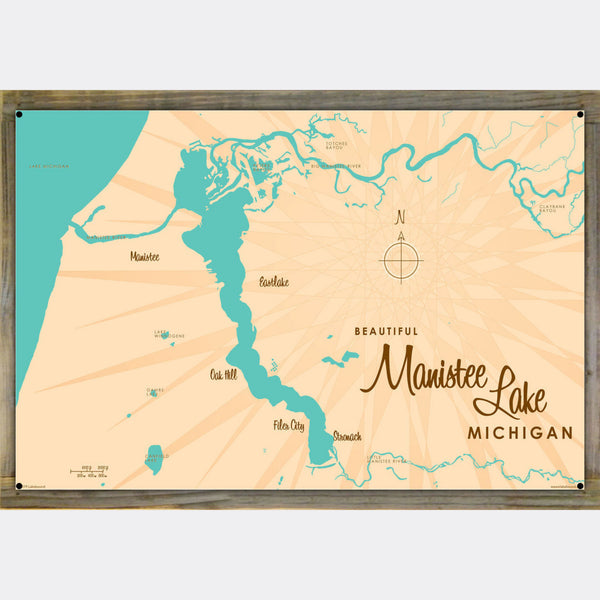 Manistee Lake Michigan, Wood-Mounted Metal Sign Map Art