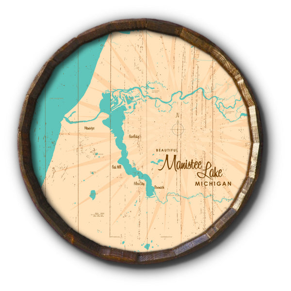 Manistee Lake Michigan, Rustic Barrel End Map Art