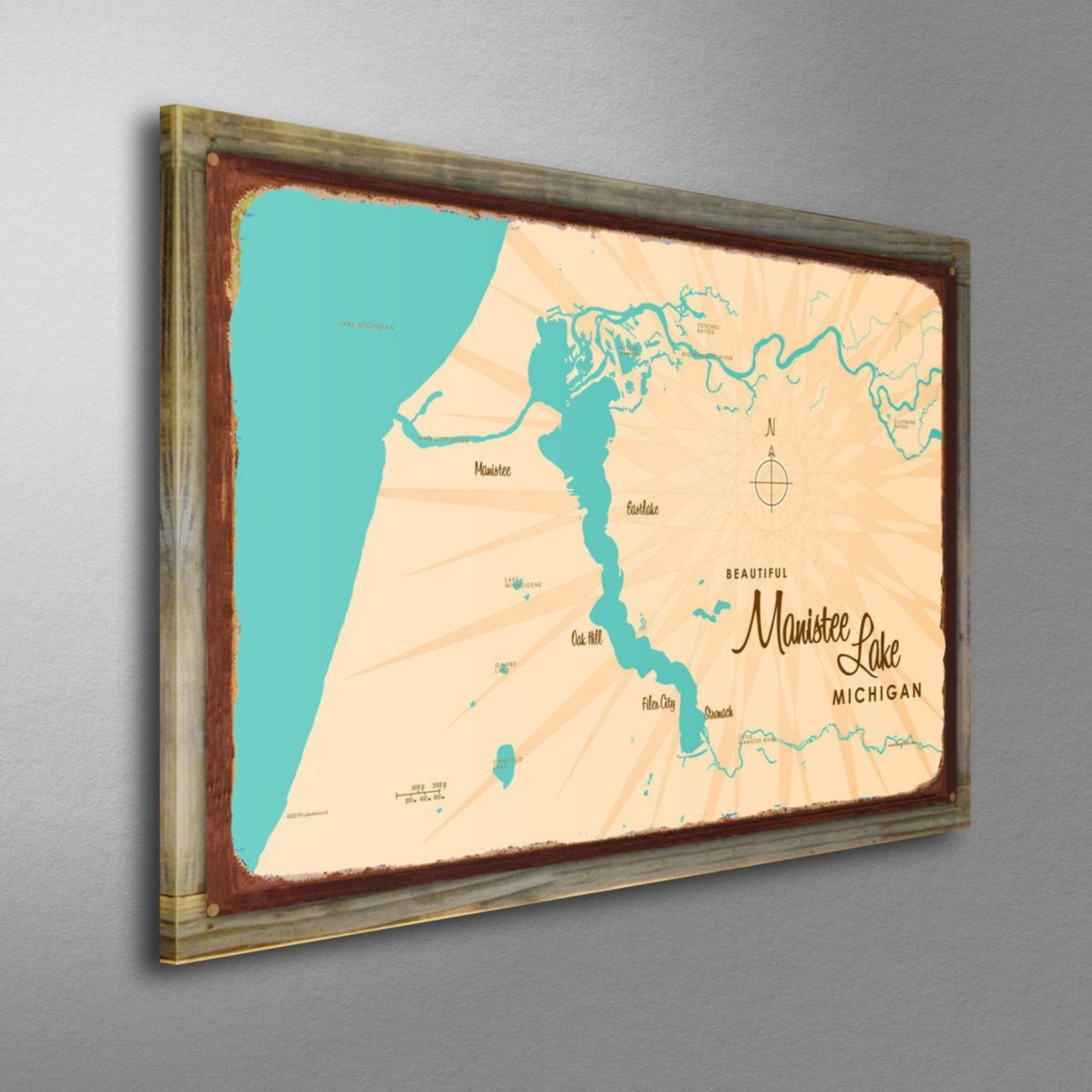 Manistee Lake Michigan, Wood-Mounted Rustic Metal Sign Map Art