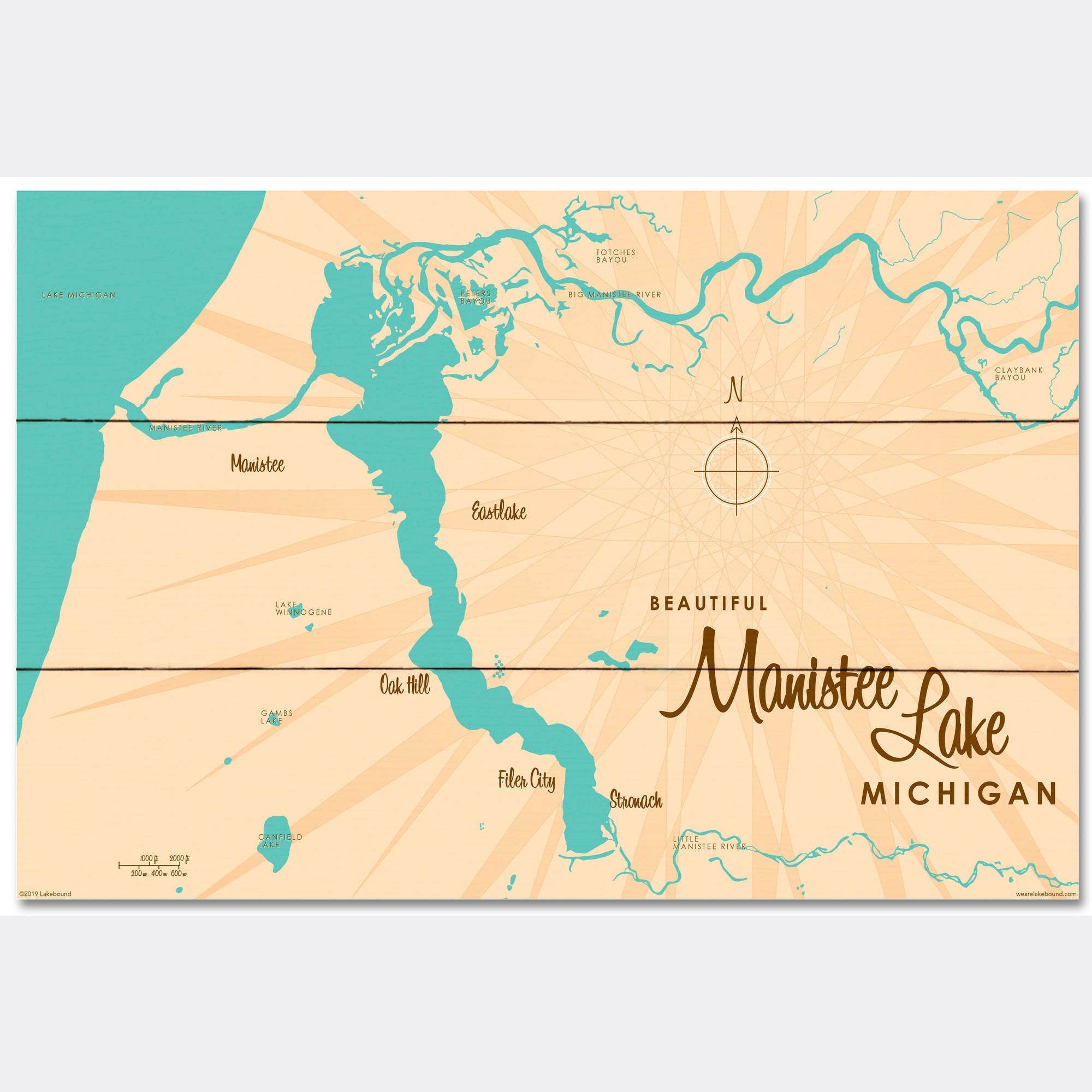 Manistee Lake Michigan, Wood Sign Map Art