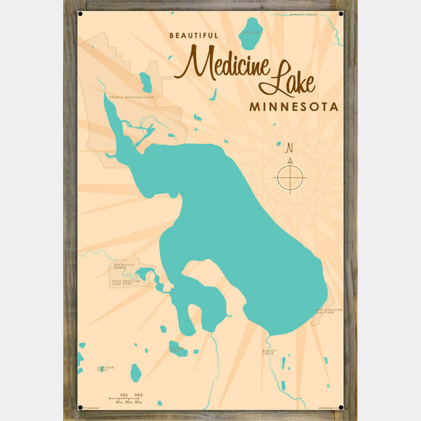 Medicine Lake Minnesota, Wood-Mounted Metal Sign Map Art